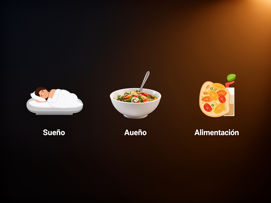 Representación visual minimalista y cinematográfica de factores del estilo de vida como el sueño y la alimentación, con iconos abstractos sobre fondo oscuro con luz ambiental cálida