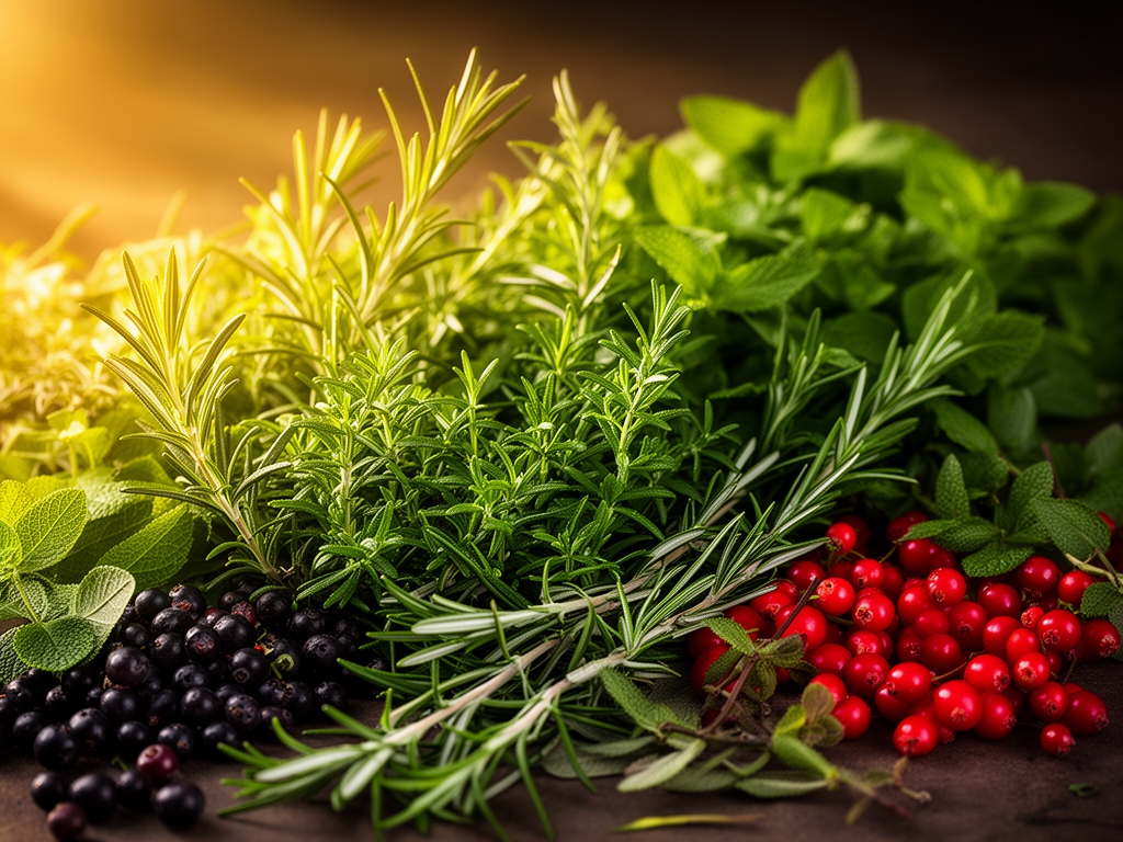 Primer plano cinematográfico de una selección de hierbas frescas, frutas silvestres y elementos botánicos que simbolizan ingredientes naturales con luz lateral cálida y texturas detalladas